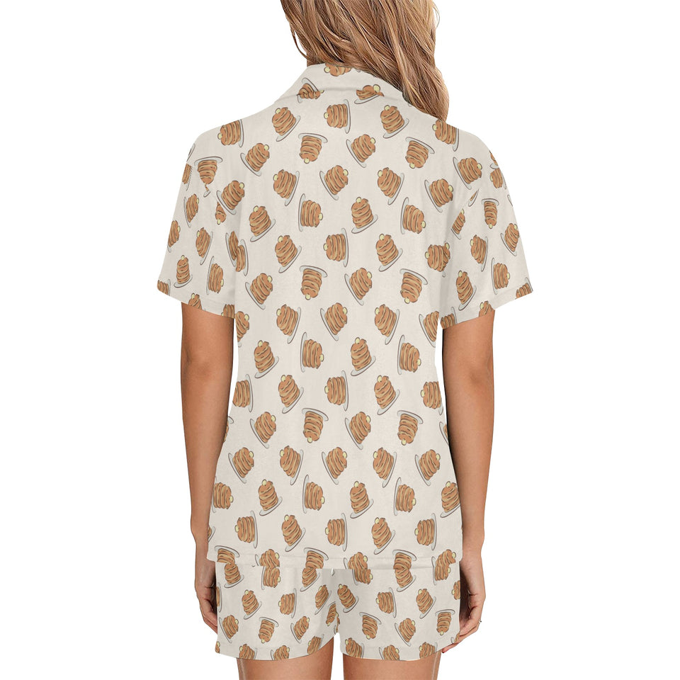 Pancake Pattern Print Design 01 Women's V-Neck Short Pajama Set