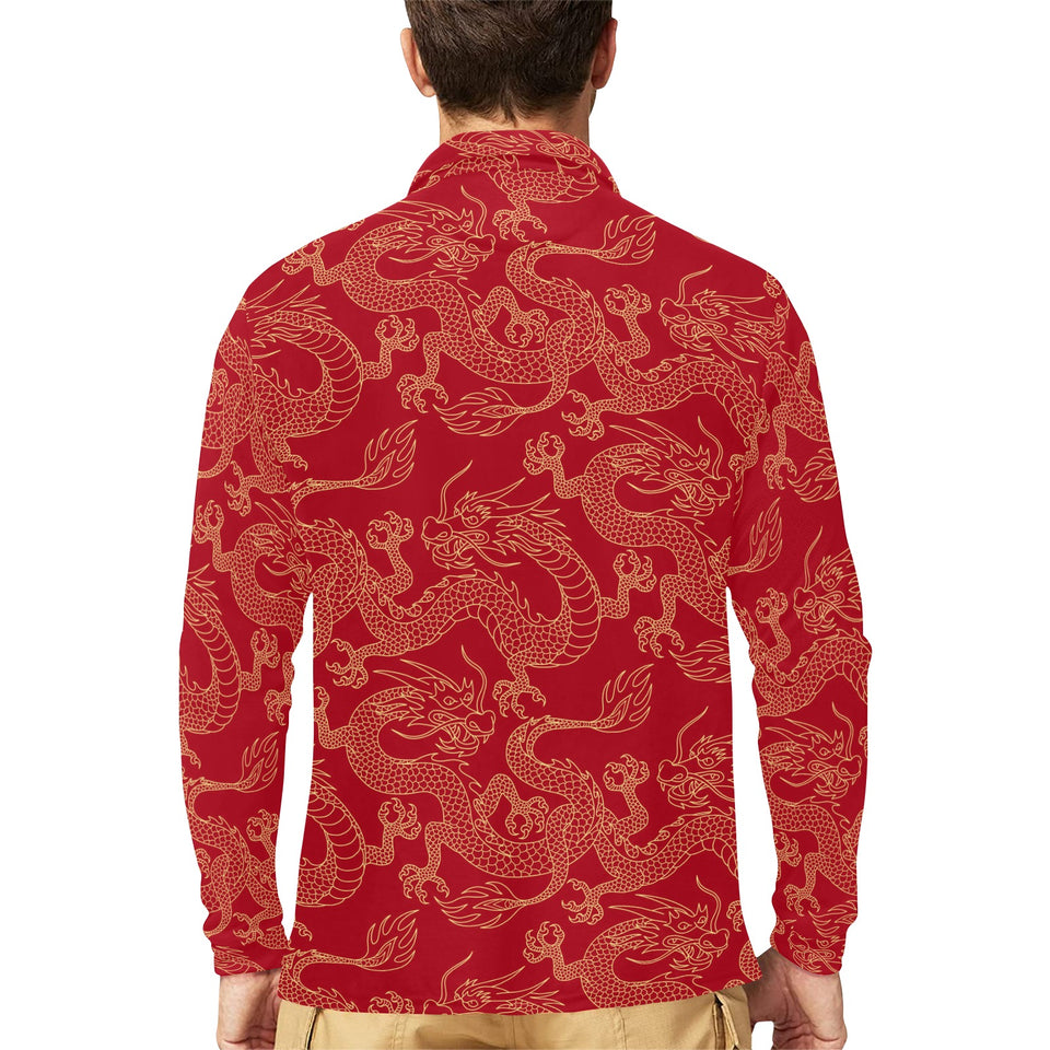 Gold dragons red background Men's Long Sleeve Polo Shirt