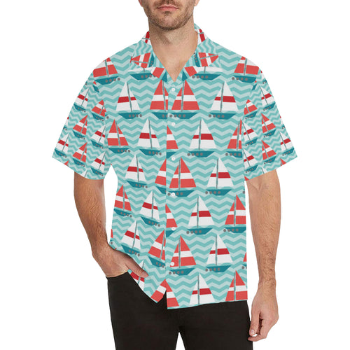Red White sailboat wave background Men's All Over Print Hawaiian Shirt