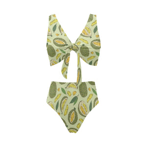 Durian leaves pattern background Chest Bowknot High Waisted Bikini Swimsuit