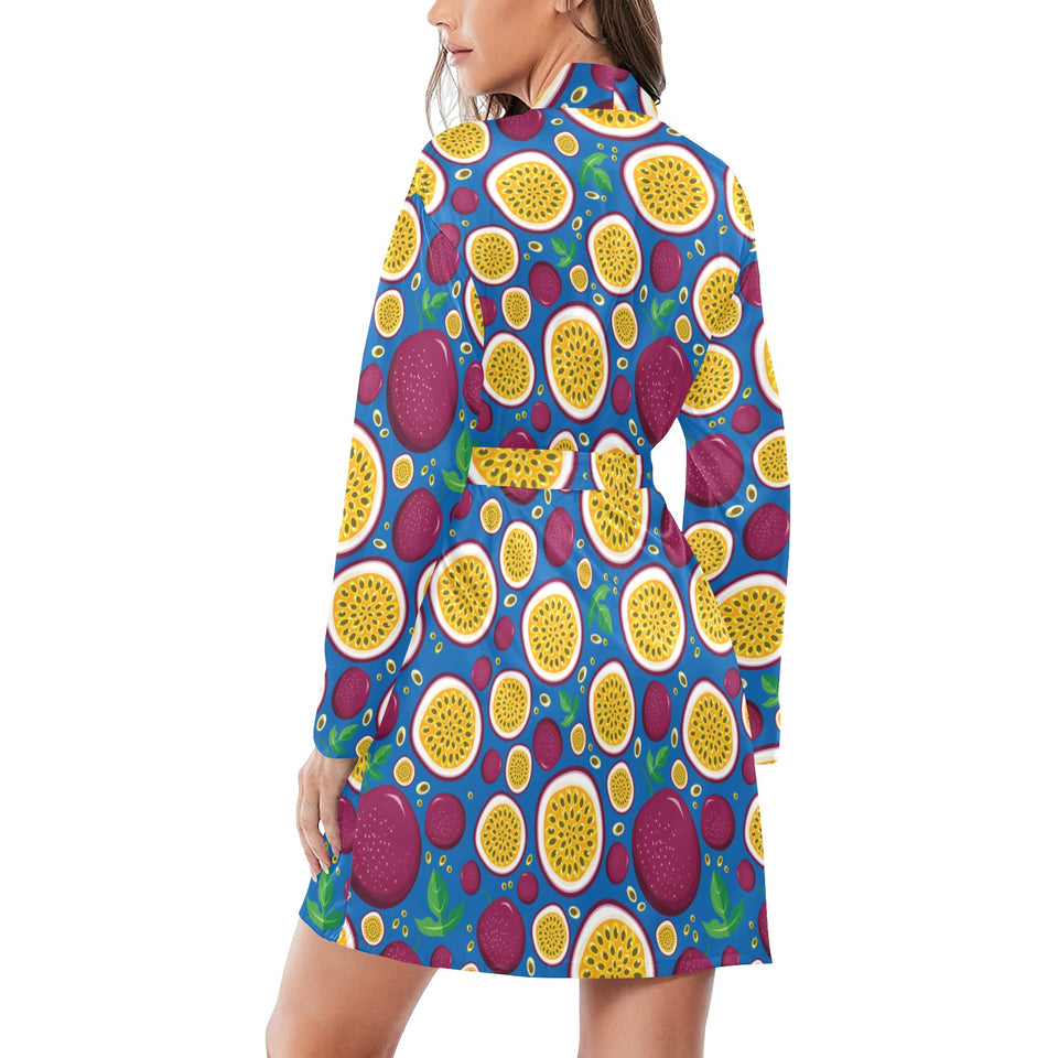 Passion fruit blue background Women's Long Sleeve Belted Night Robe
