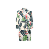 heliconia flowers, palm and monstera leaves Men's Long Sleeve Belted Night Robe