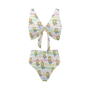 Cute hand drawn mermaid Chest Bowknot High Waisted Bikini Swimsuit
