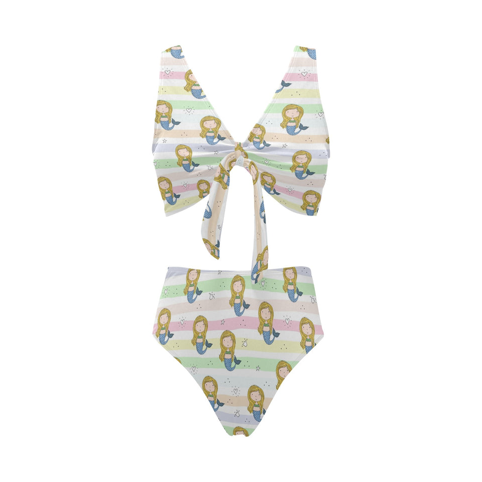 Cute hand drawn mermaid Chest Bowknot High Waisted Bikini Swimsuit