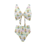 Cute hand drawn mermaid Chest Bowknot High Waisted Bikini Swimsuit