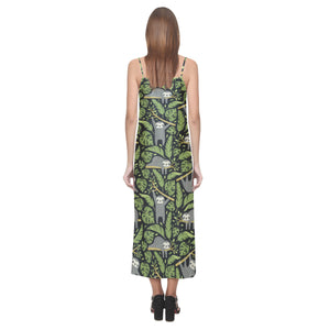 Cute sloths tropical palm leaves black background V-Neck Open Fork Long Dress