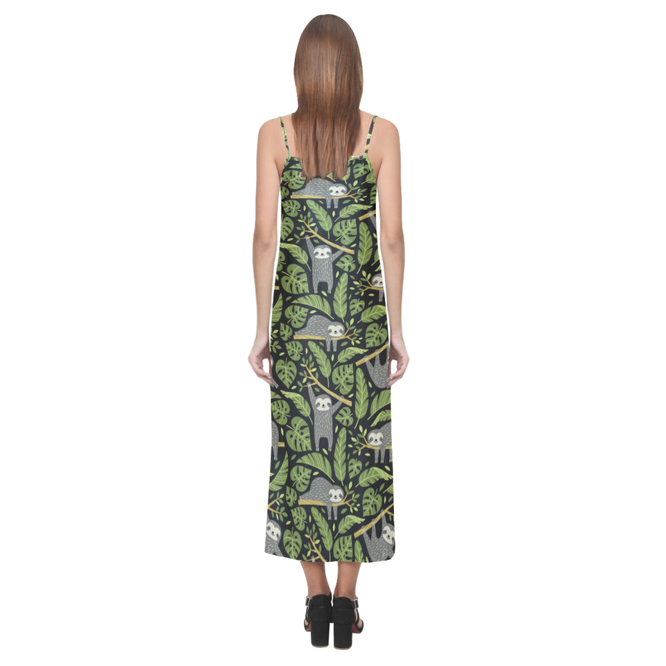 Cute sloths tropical palm leaves black background V-Neck Open Fork Long Dress