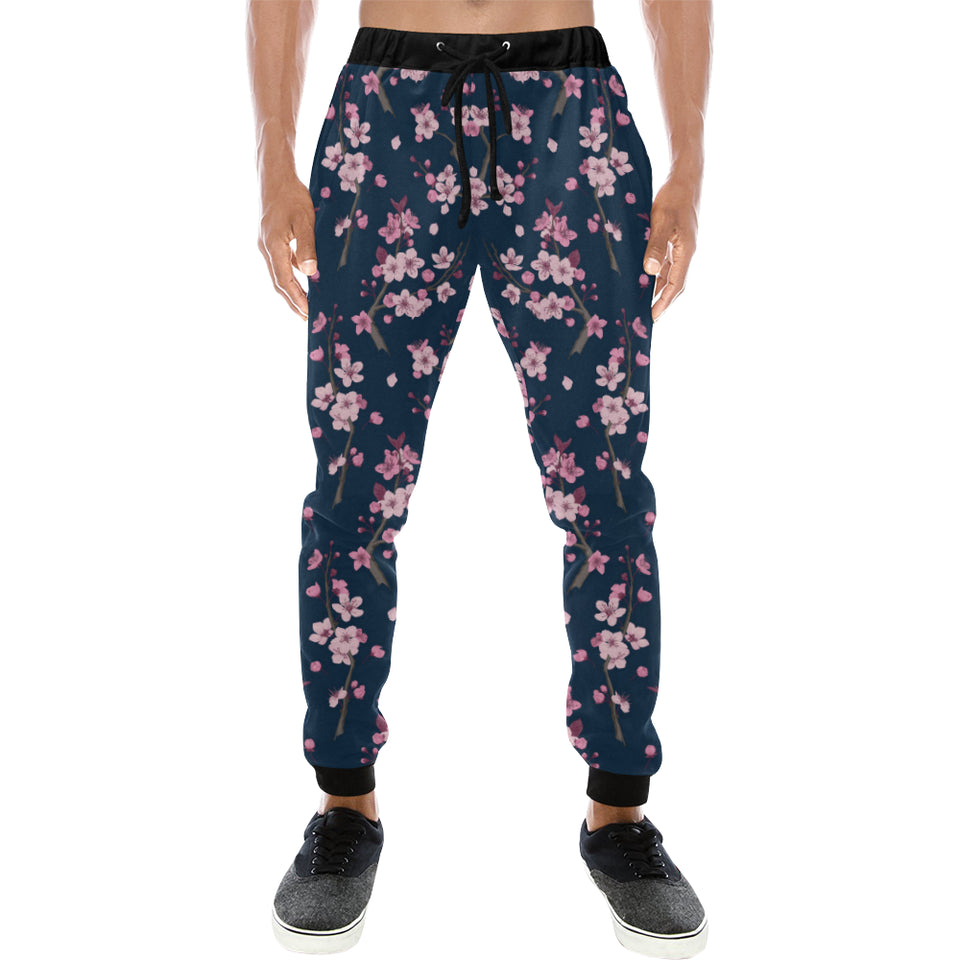 Pink sakura cherry blossom blue background Unisex Casual Sweatpants
