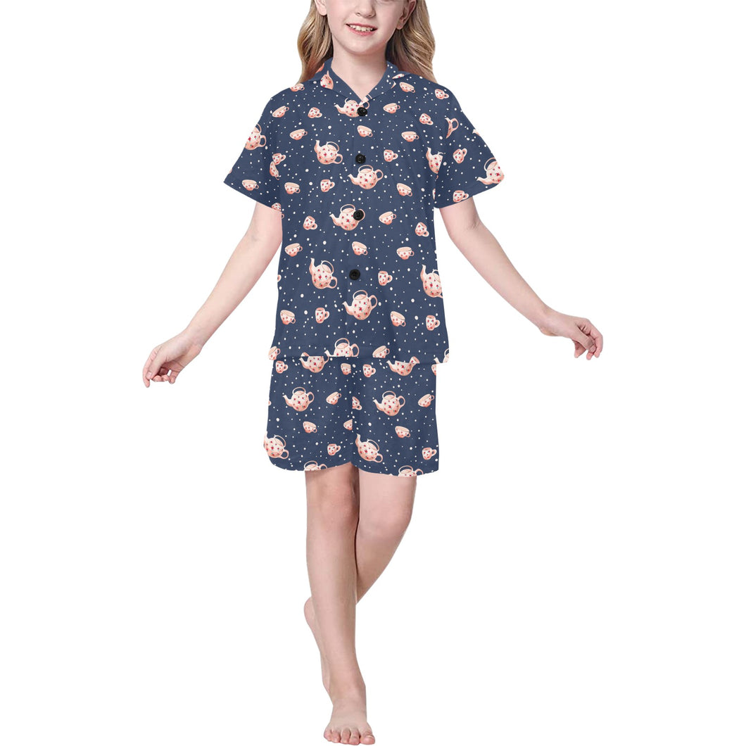 Tea pots Pattern Print Design 04 Kids' Boys' Girls' V-Neck Short Pajama Set