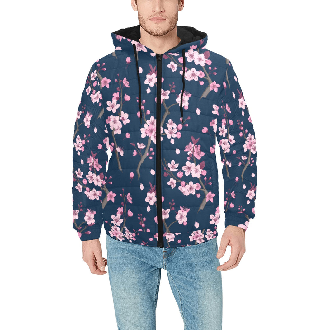 Pink sakura cherry blossom blue background Men's Padded Hooded Jacket