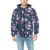 Pink sakura cherry blossom blue background Men's Padded Hooded Jacket