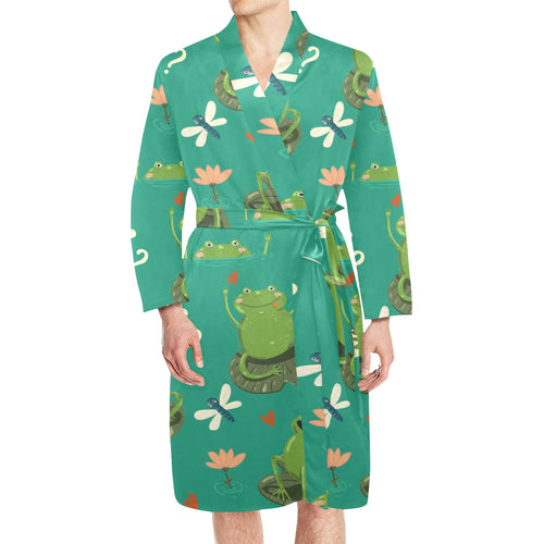 Cute frog dragonfly design pattern Men's Long Sleeve Belted Night Robe