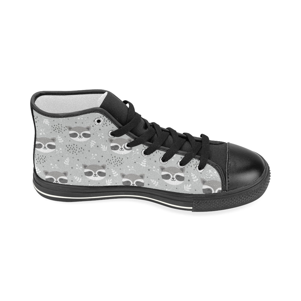 Cute raccoons leaves dot Women's High Top Canvas Shoes Black