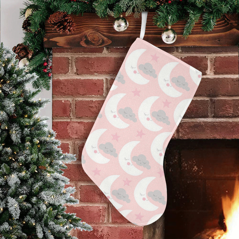 Cute moon cloud star pattern pink dot background Christmas Stocking