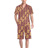 Hand drawn gold saxophone red background Men's V-Neck Short Pajama Set