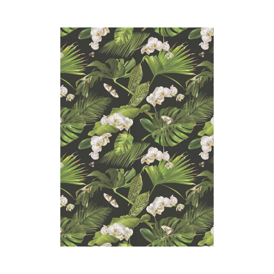 White orchid flower tropical leaves pattern blackg House Flag Garden Flag