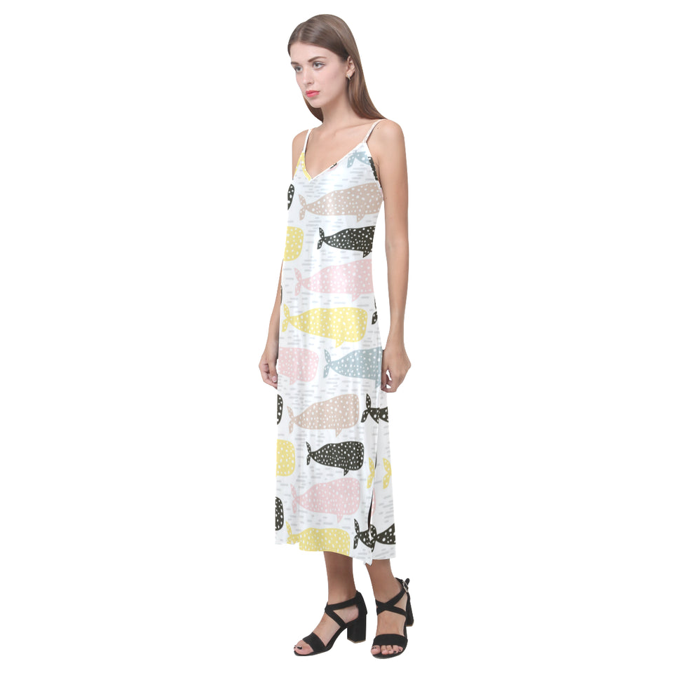Whale dot pattern V-Neck Open Fork Long Dress