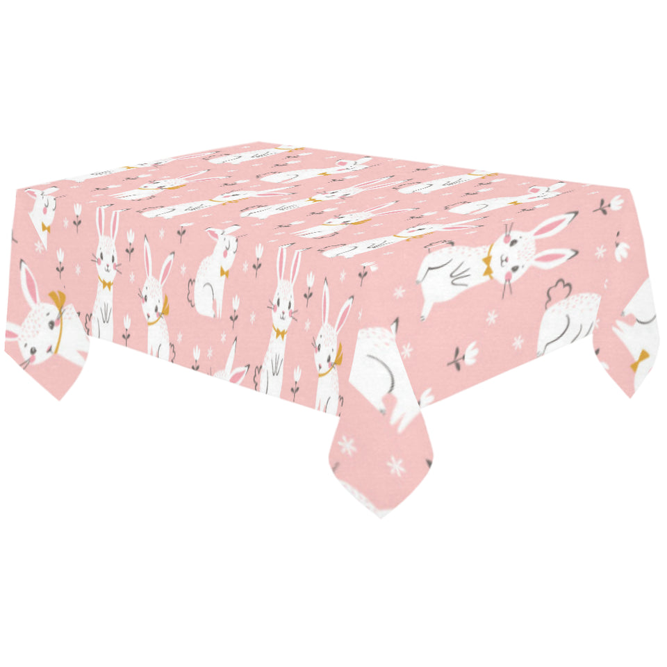 Cute white rabbit flower pink background Tablecloth
