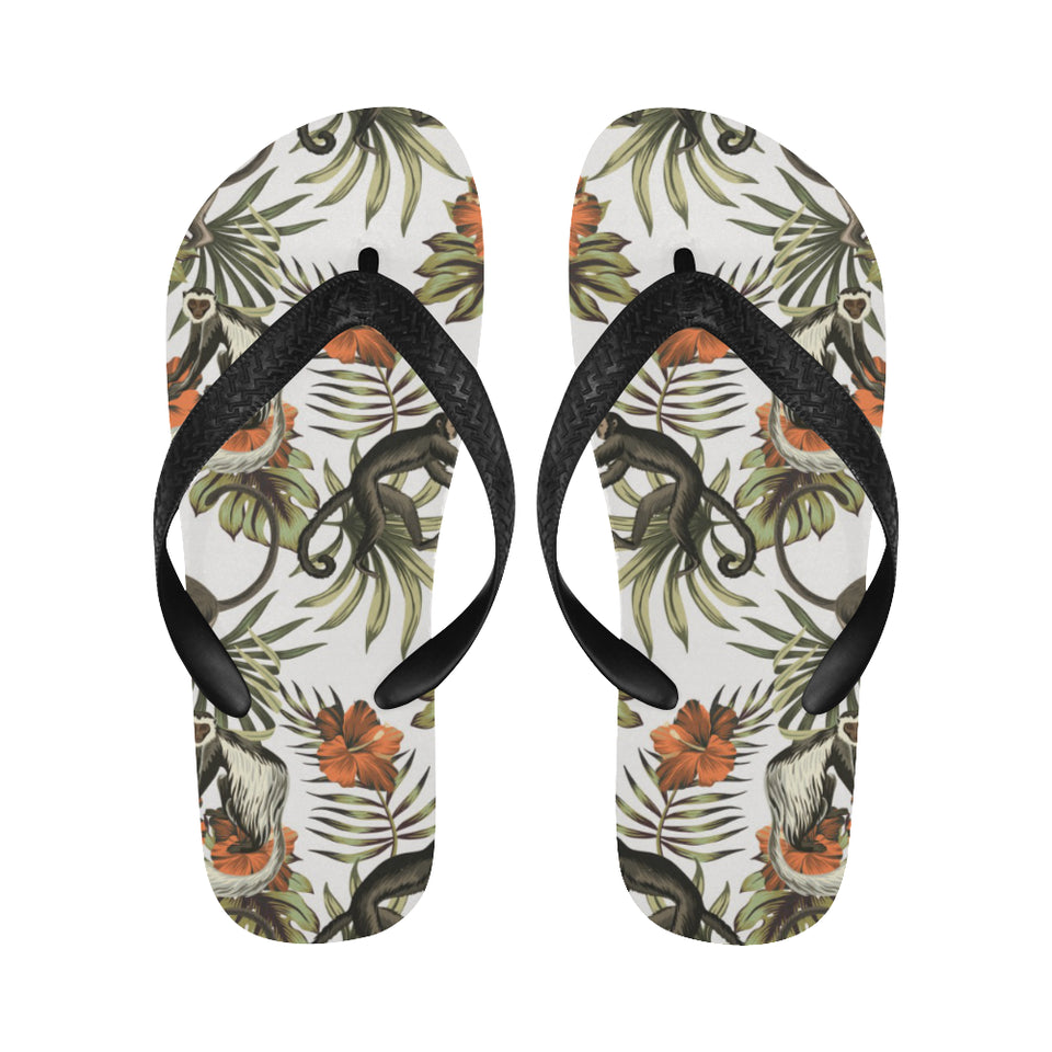 Monkey red hibiscus flower palm leaves floral patt Unisex Flip Flops