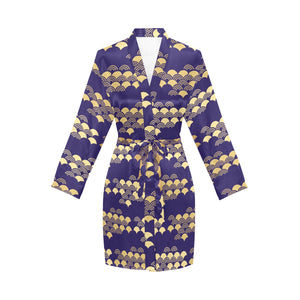 Beautiful japanese fan pattern Women's Long Sleeve Belted Night Robe