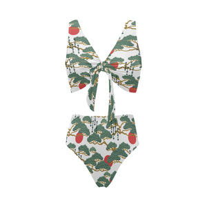 Bonsai red sun japanese pattern Chest Bowknot High Waisted Bikini Swimsuit