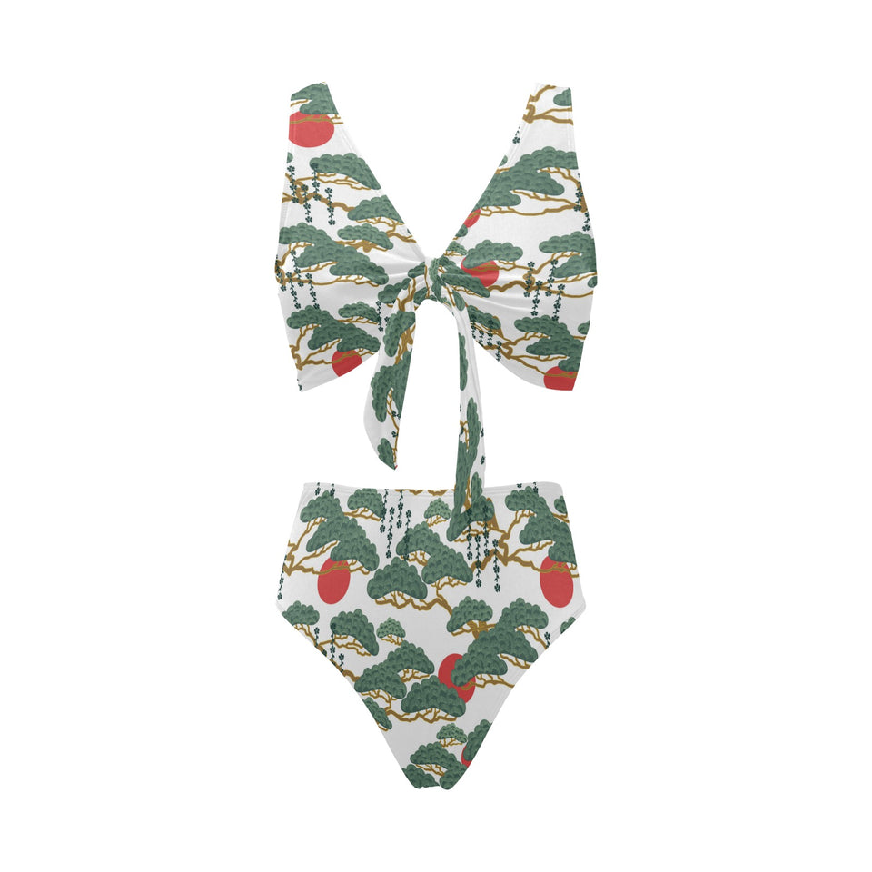 Bonsai red sun japanese pattern Chest Bowknot High Waisted Bikini Swimsuit