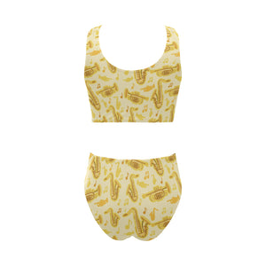 Saxophone cornet pattern yellow background Chest Bowknot High Waisted Bikini Swimsuit