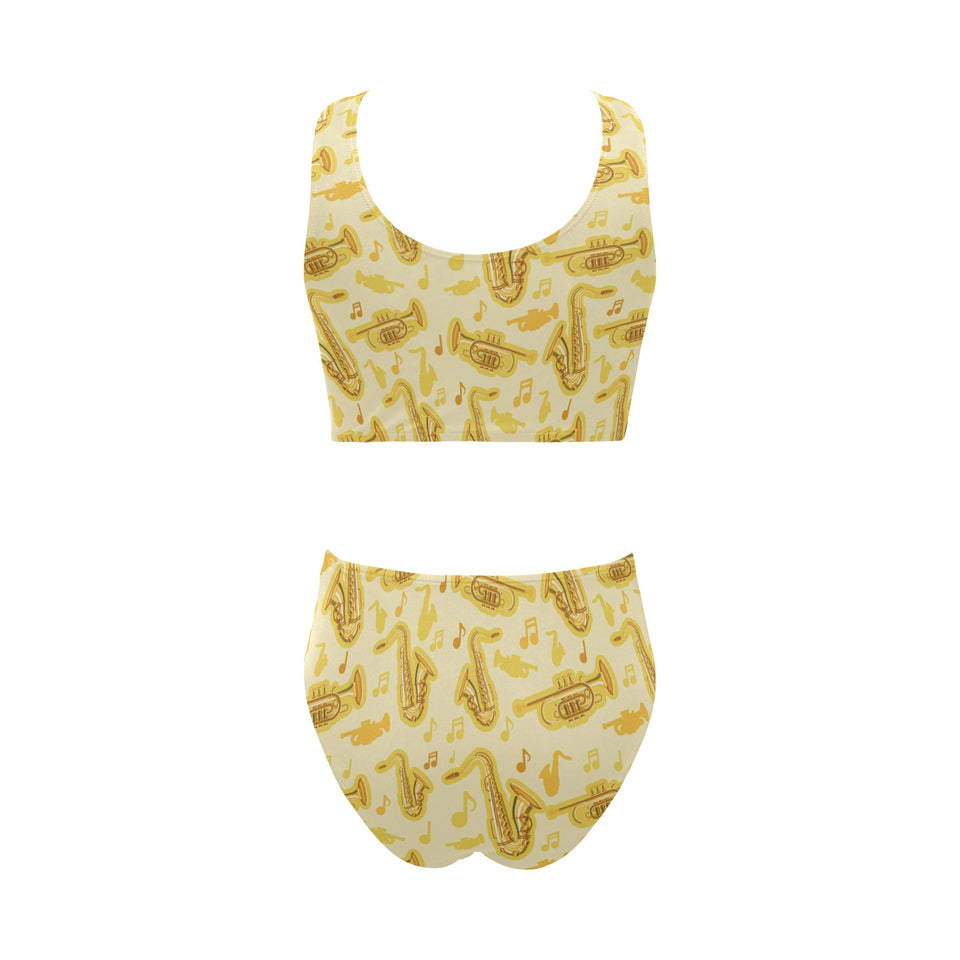 Saxophone cornet pattern yellow background Chest Bowknot High Waisted Bikini Swimsuit