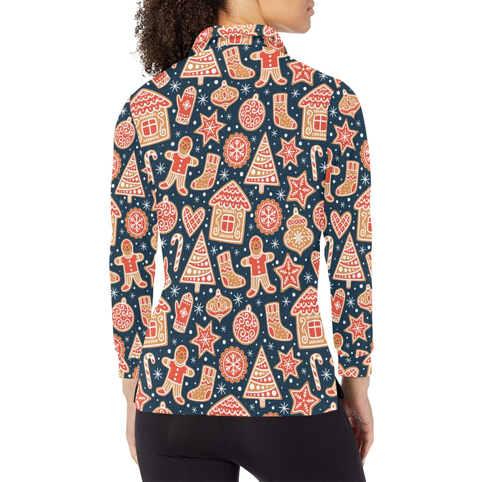 Christmas gingerbread cookie pattern Women's Long Sleeve Polo Shirt