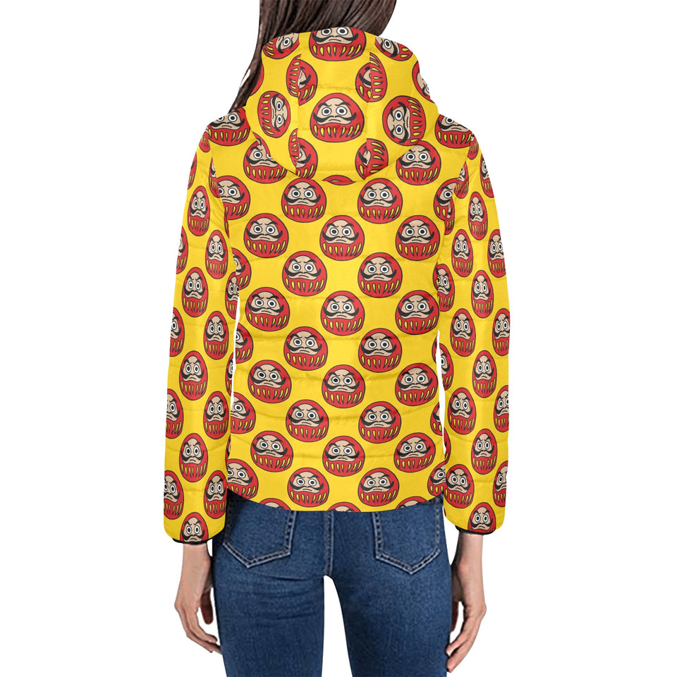 Daruma japanese wooden doll yellow background Women's Padded Hooded Jacket