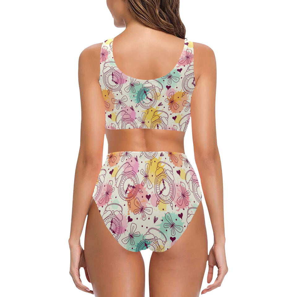 Clock butterfly pattern Chest Bowknot High Waisted Bikini Swimsuit