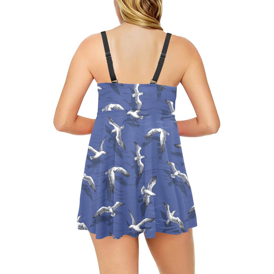 Seagull Pattern Print Design 03 Chest Sexy Pleated Two Piece Swim Dress