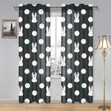 Cute white rabbit polka dots black background Gauze Curtain