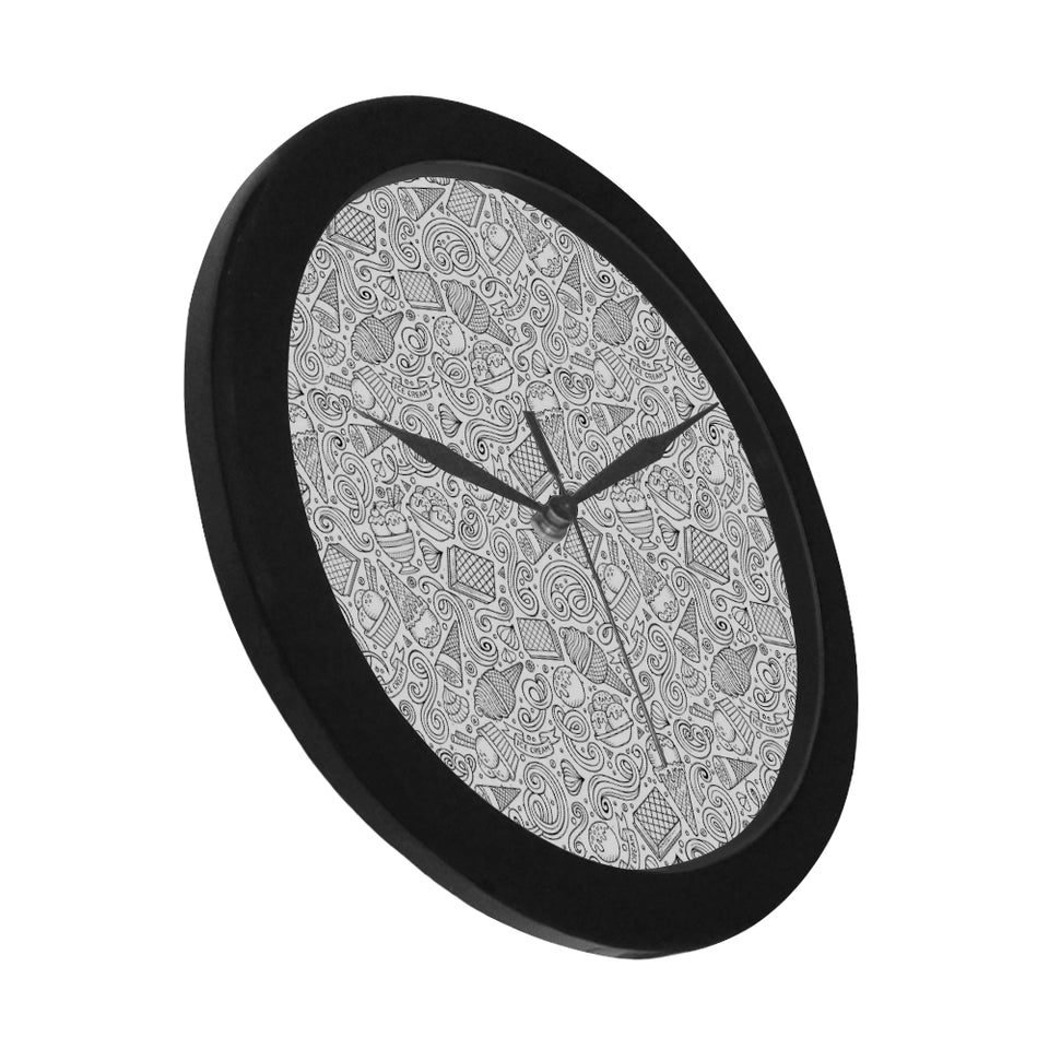 Cartoon hand drawn ice cream black white Elegant Black Wall Clock