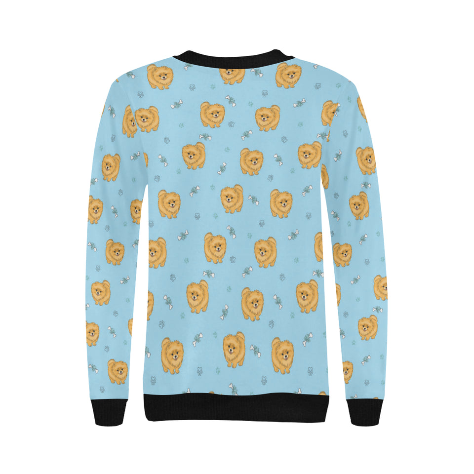 Brown cute pomeranian blue blackground Women's Crew Neck Sweatshirt