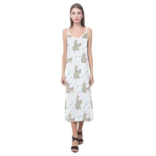 Cute Rhino pattern background V-Neck Open Fork Long Dress