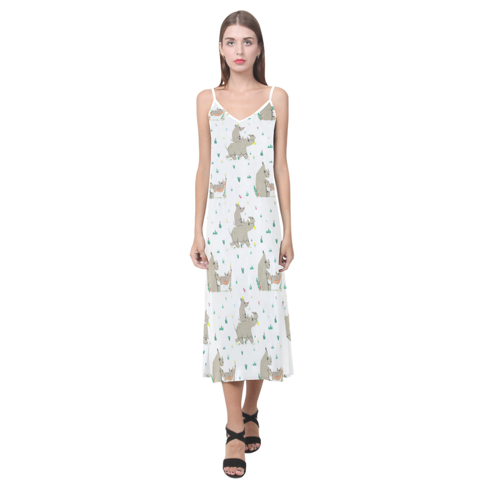 Cute Rhino pattern background V-Neck Open Fork Long Dress