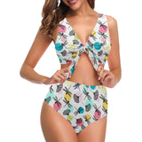 Dragonflies ginkgo leaves pattern Chest Bowknot High Waisted Bikini Swimsuit