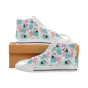 Toucan tropical flower leave pattern Women's High Top Canvas Shoes White