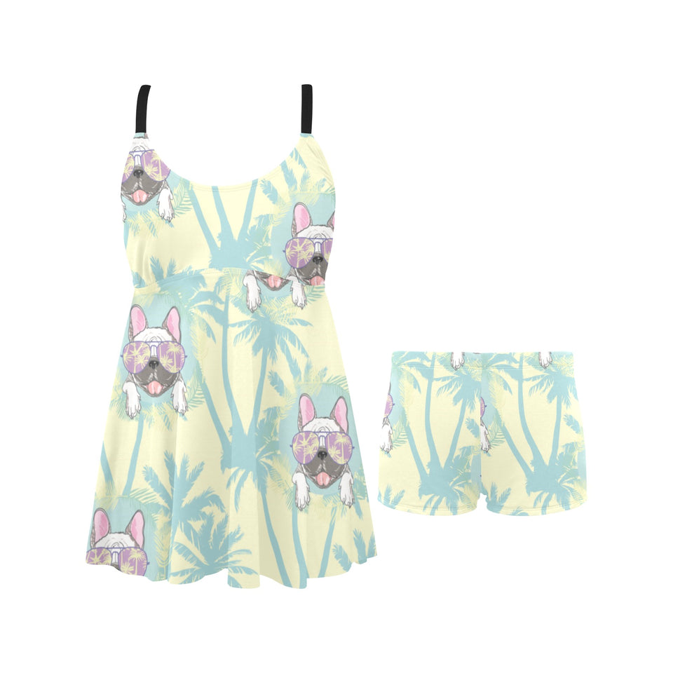 French bulldog hawaii blackground Chest Sexy Pleated Two Piece Swim Dress