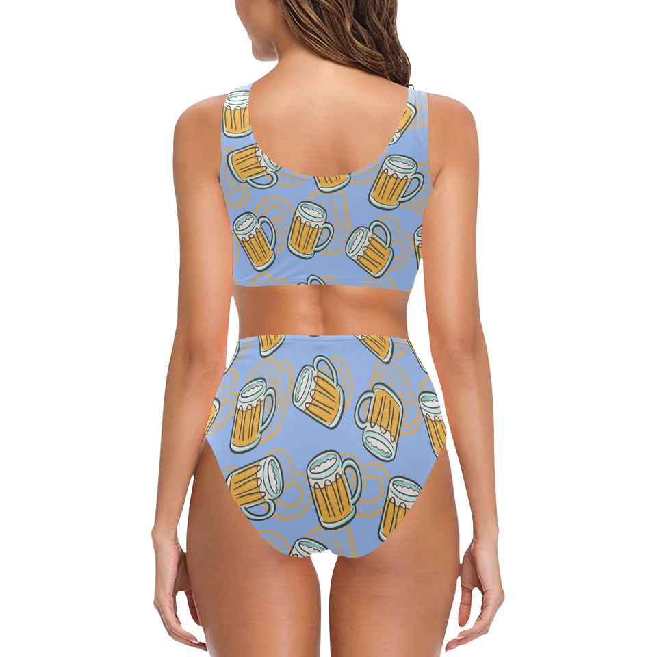 Beer pattern Chest Bowknot High Waisted Bikini Swimsuit