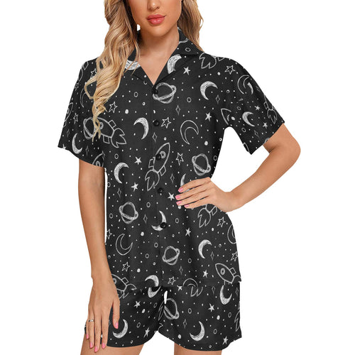 Hand drawn space rocket star planet Women's V-Neck Short Pajama Set