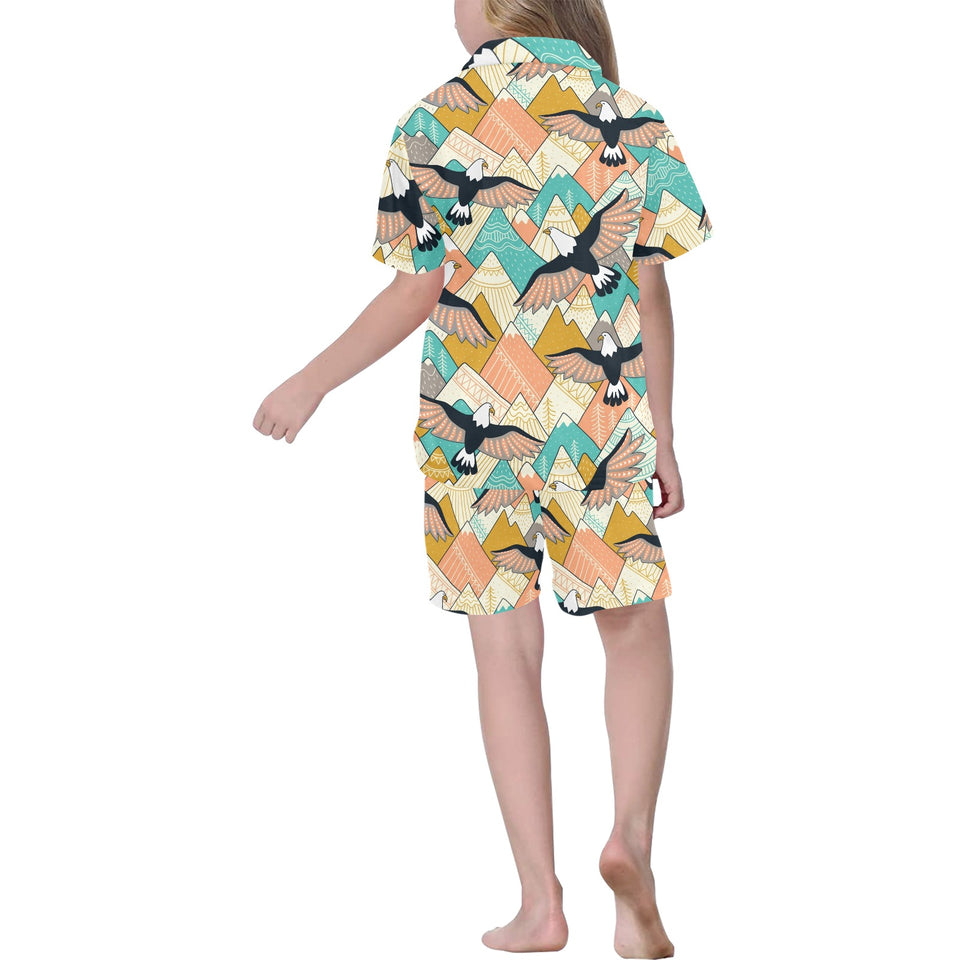 Eagle Pattern Print Design 02 Kids' Boys' Girls' V-Neck Short Pajama Set