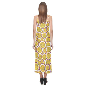Passion fruits slice pattern V-Neck Open Fork Long Dress