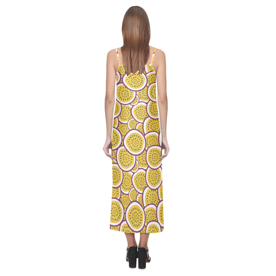 Passion fruits slice pattern V-Neck Open Fork Long Dress