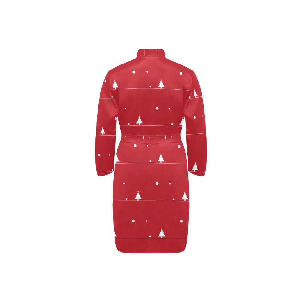 Christmas tree star snow red background Men's Long Sleeve Belted Night Robe