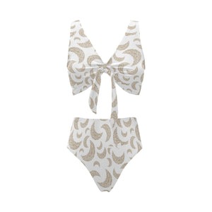 Cool gold moon abstract pattern Chest Bowknot High Waisted Bikini Swimsuit