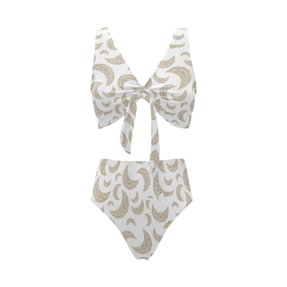 Cool gold moon abstract pattern Chest Bowknot High Waisted Bikini Swimsuit