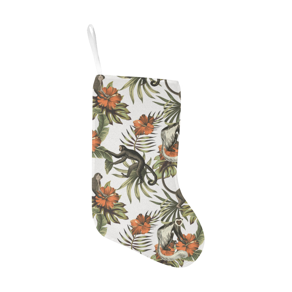 Monkey red hibiscus flower palm leaves floral patt Christmas Stocking