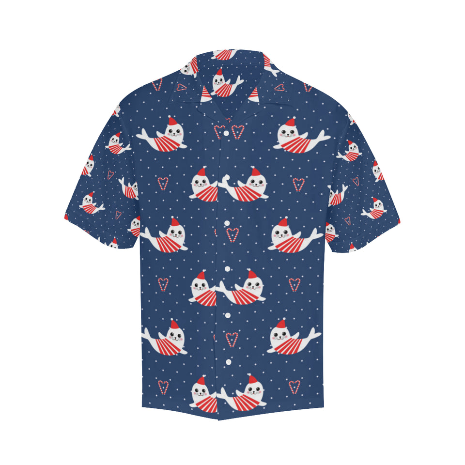 Cute sea lion seal christmas hat candy cane heart Men's All Over Print Hawaiian Shirt